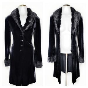 VTG Y2K 90's Luly K Black Velvet Gothic w Faux Fur Cardigan Collar Cuffs